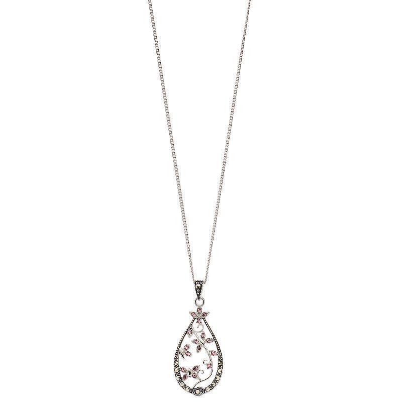 Tori Hill Sterling Silver Marcasite & Pink Crystal Flower Pendant Necklace, Womens Product Image