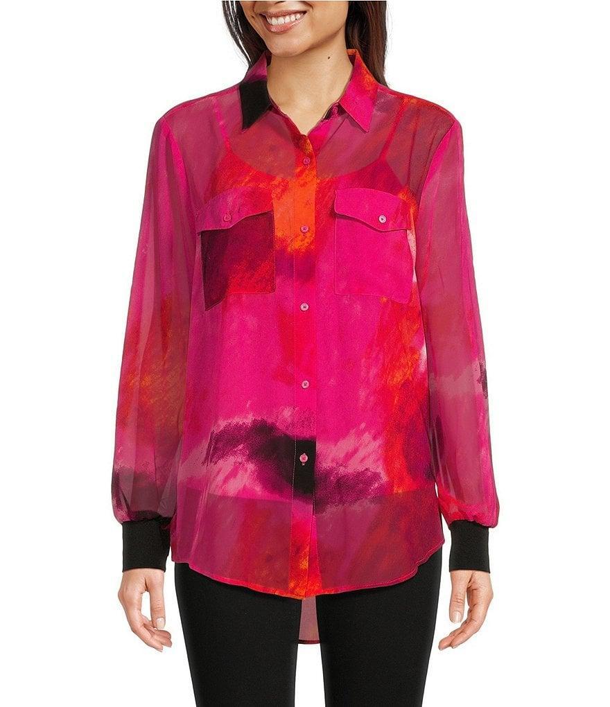 DKNY Woven Printed Button Down Collared Blouse Product Image