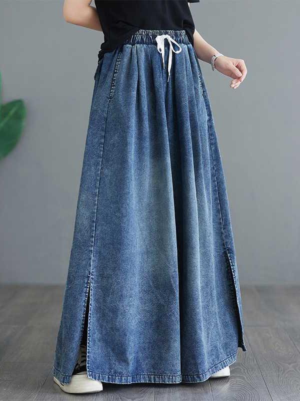 Loose Wide Leg Drawstring Split-Side Jean Pants Bottoms Trousers Product Image