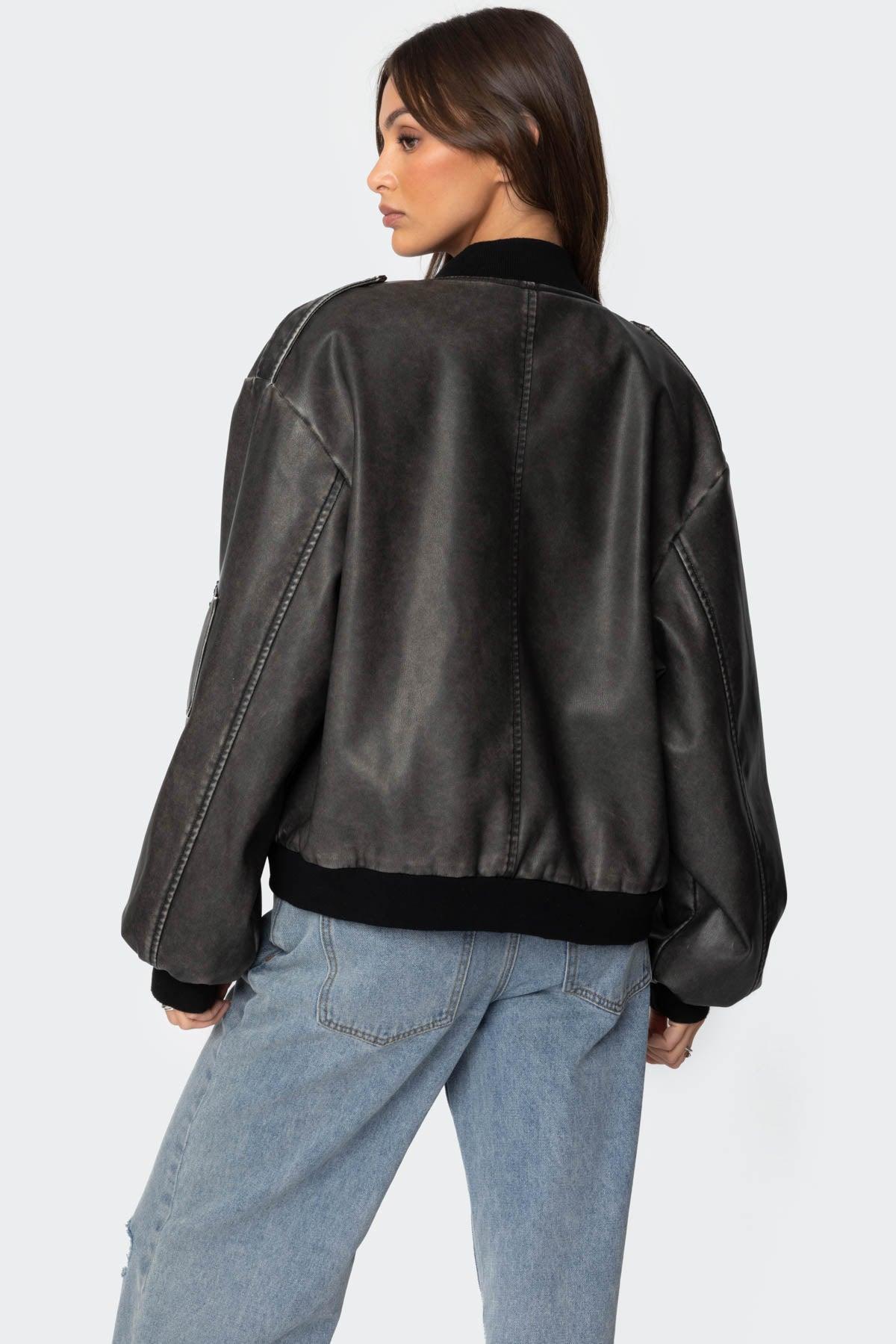 Vava Washed Faux Leather Bomber Jacket Product Image