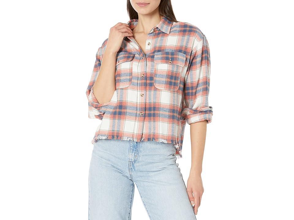 Lucky Brand Raw Edge Plaid Cropped Button-Down Shirt (Cream Plaid) Women's Clothing Product Image