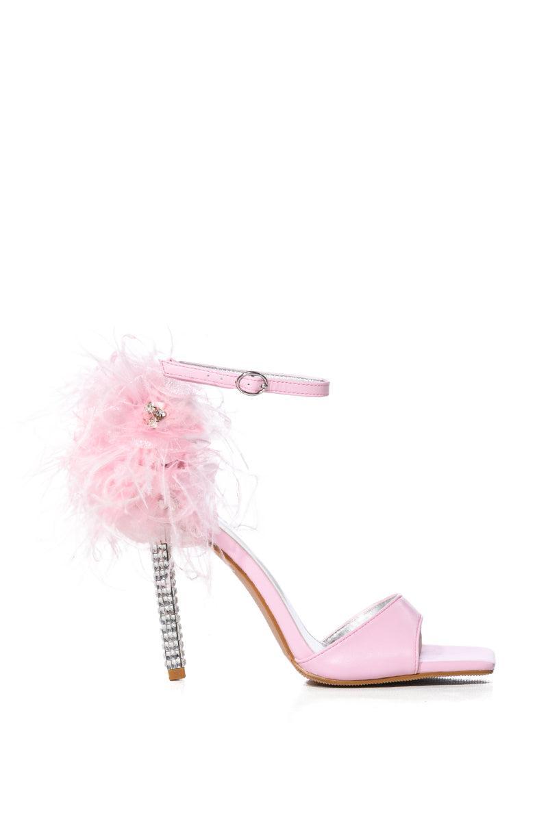 AZALEA WANG CLARICE FEATHER SANDAL WITH RHINESTONE STILETTO HEEL IN PINK Product Image