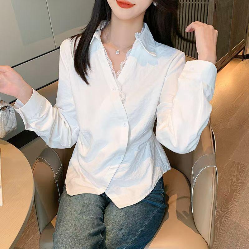 Long Sleeve Collared V-Neck Plain Panel Lace Wrap Shirt Product Image