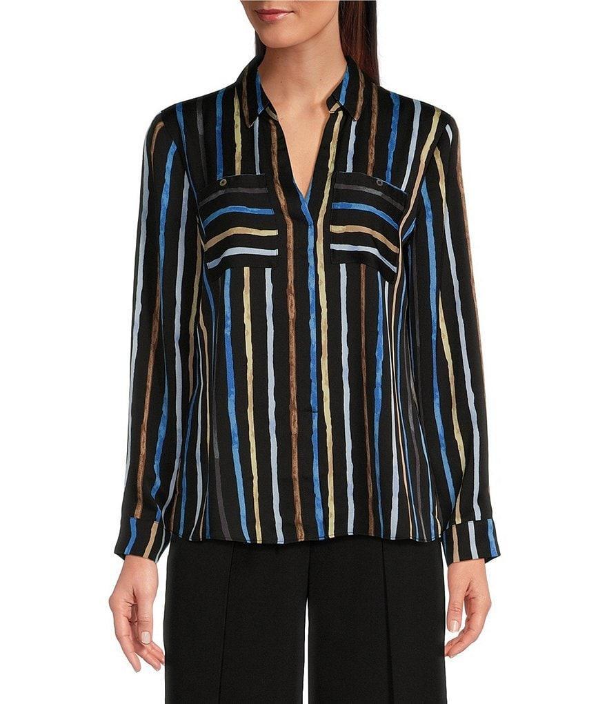 NIC + ZOE Onyx Painted Stripe Point Collar Long Sleeve Top Product Image