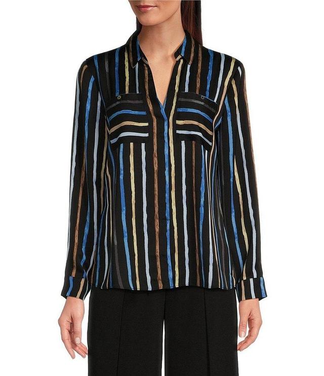 NIC + ZOE Onyx Painted Stripe Point Collar Long Sleeve Top Product Image