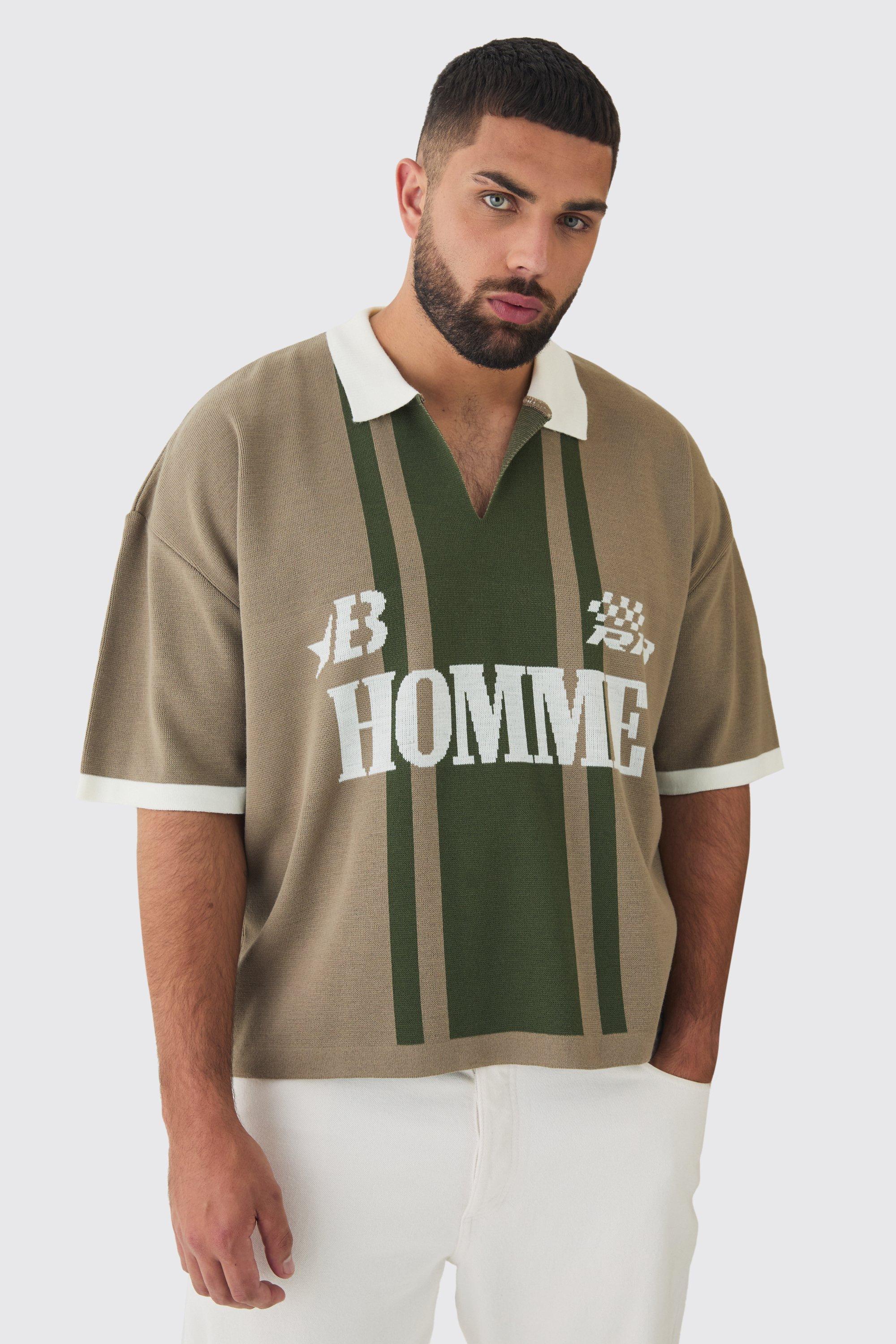 Plus Oversized Boxy Football Knitted Polo Shirt | boohooMAN USA Product Image