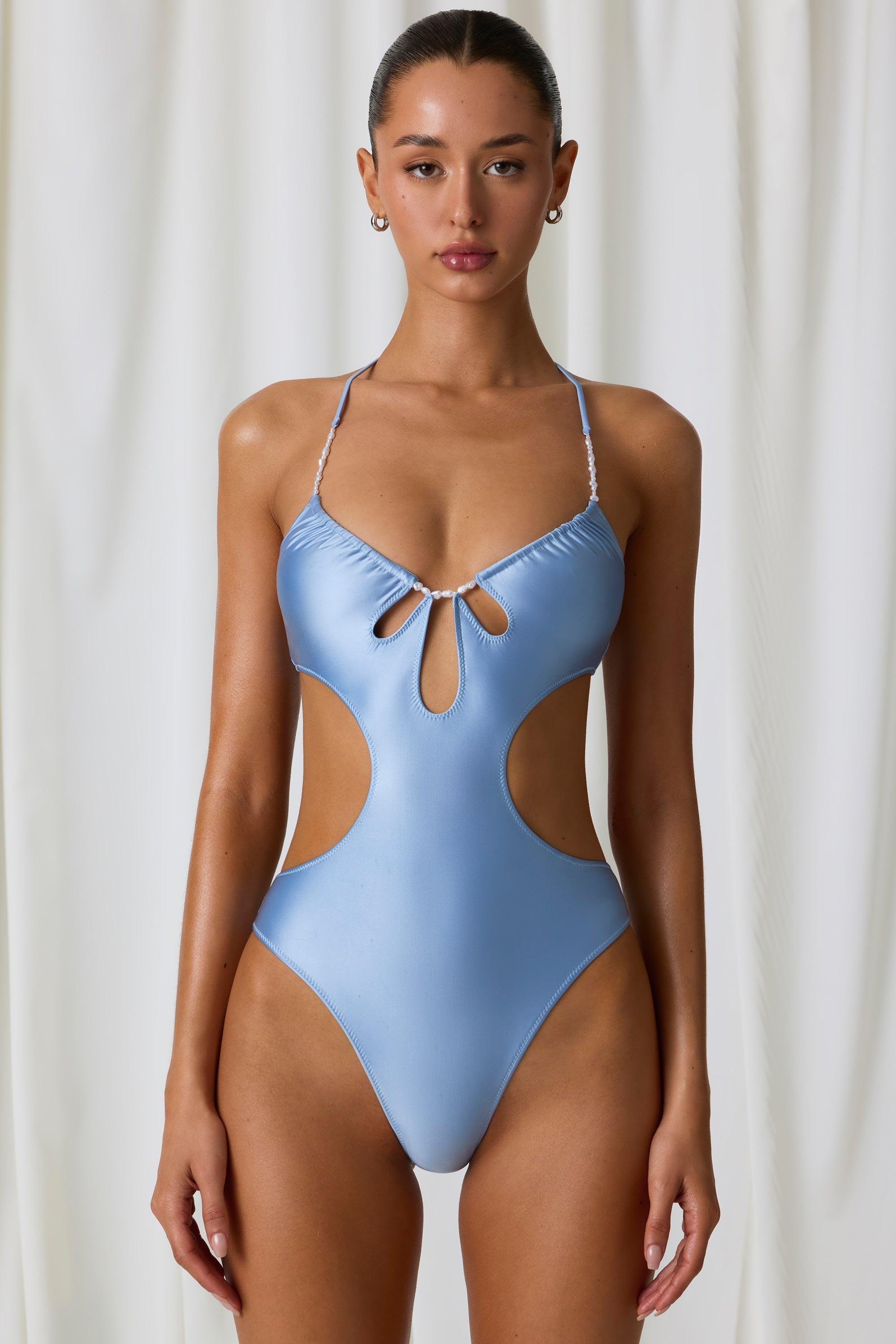 Pearl-Detail Cut-Out Halterneck Swimsuit in Sky Blue Product Image