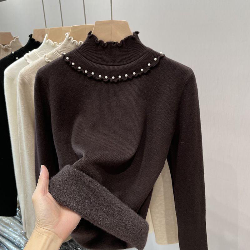 Long-Sleeve Mock Neck Plain Faux Pearl Accent Lettuce Edge Knit Top Product Image