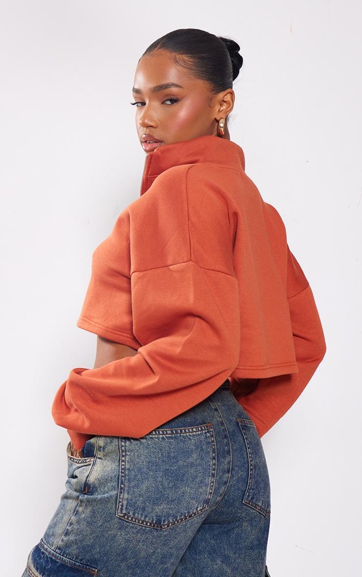 Rust High Neck Zip Up Cropped Sweatshirt Product Image