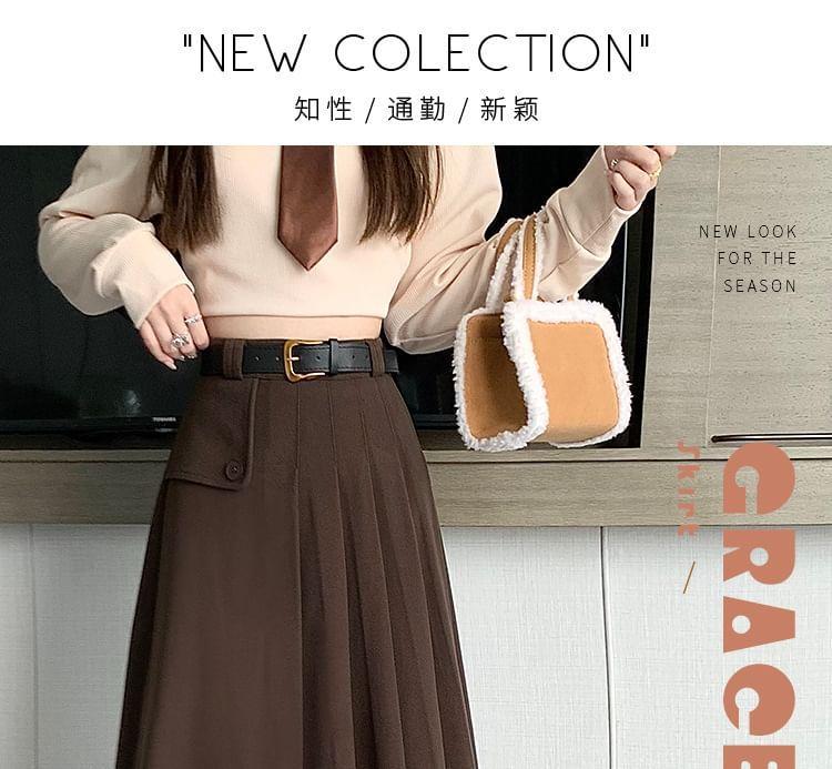 High Waist Plain Midi Pleated Skirt Product Image