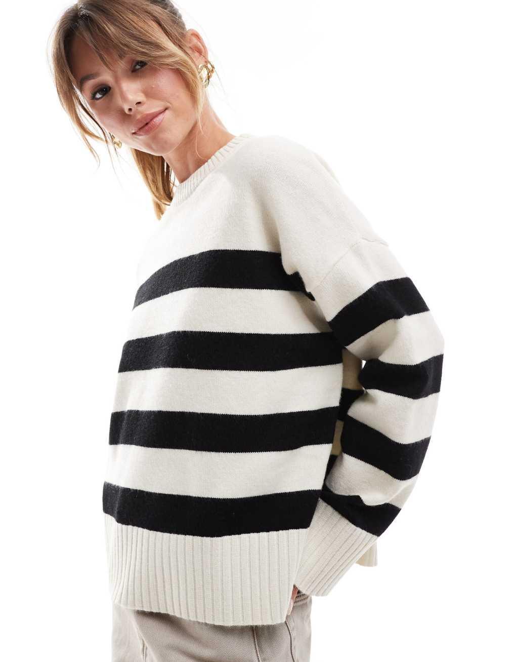 Bershka chunky crew neck sweater in ecru & black stripe Product Image