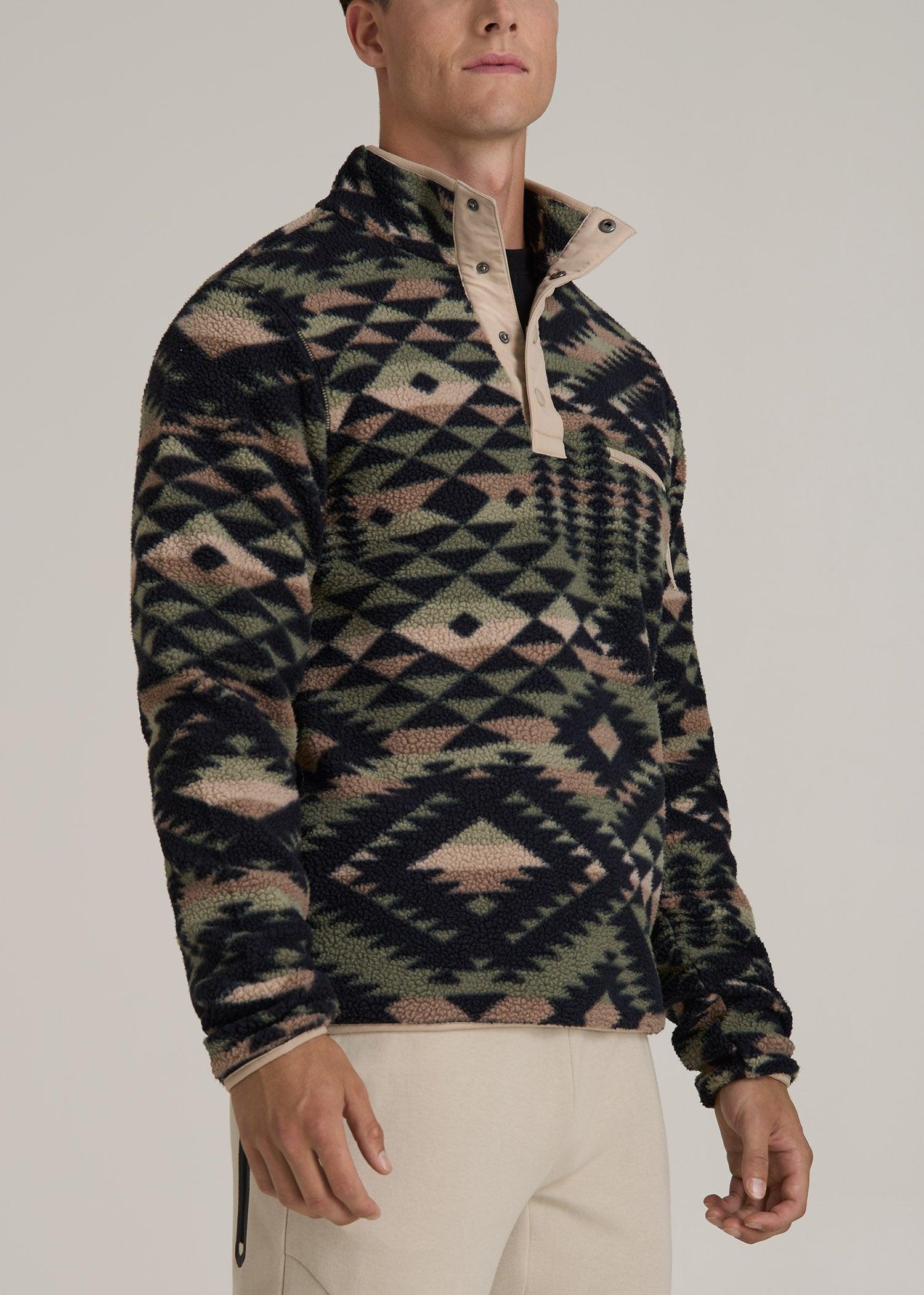 Half Snap Tall Men's Sherpa Sweatshirt in Black and Sage Geo Print Male Product Image