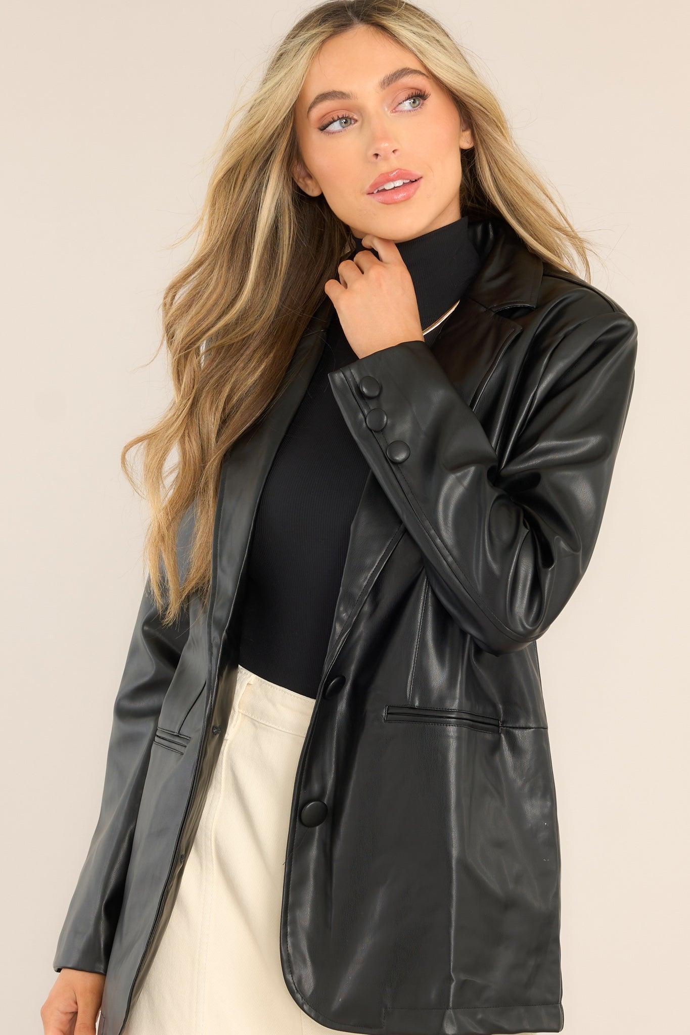 Talk This Way Black Faux Leather Blazer Product Image