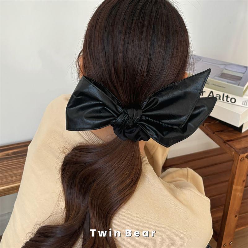 Plain Bow Faux Leather Scrunchie Product Image