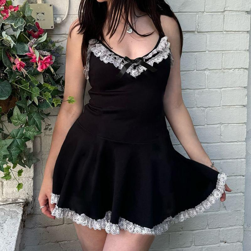 Sleeveless V-Neck Lace Trim Mini A-Line Dress Product Image