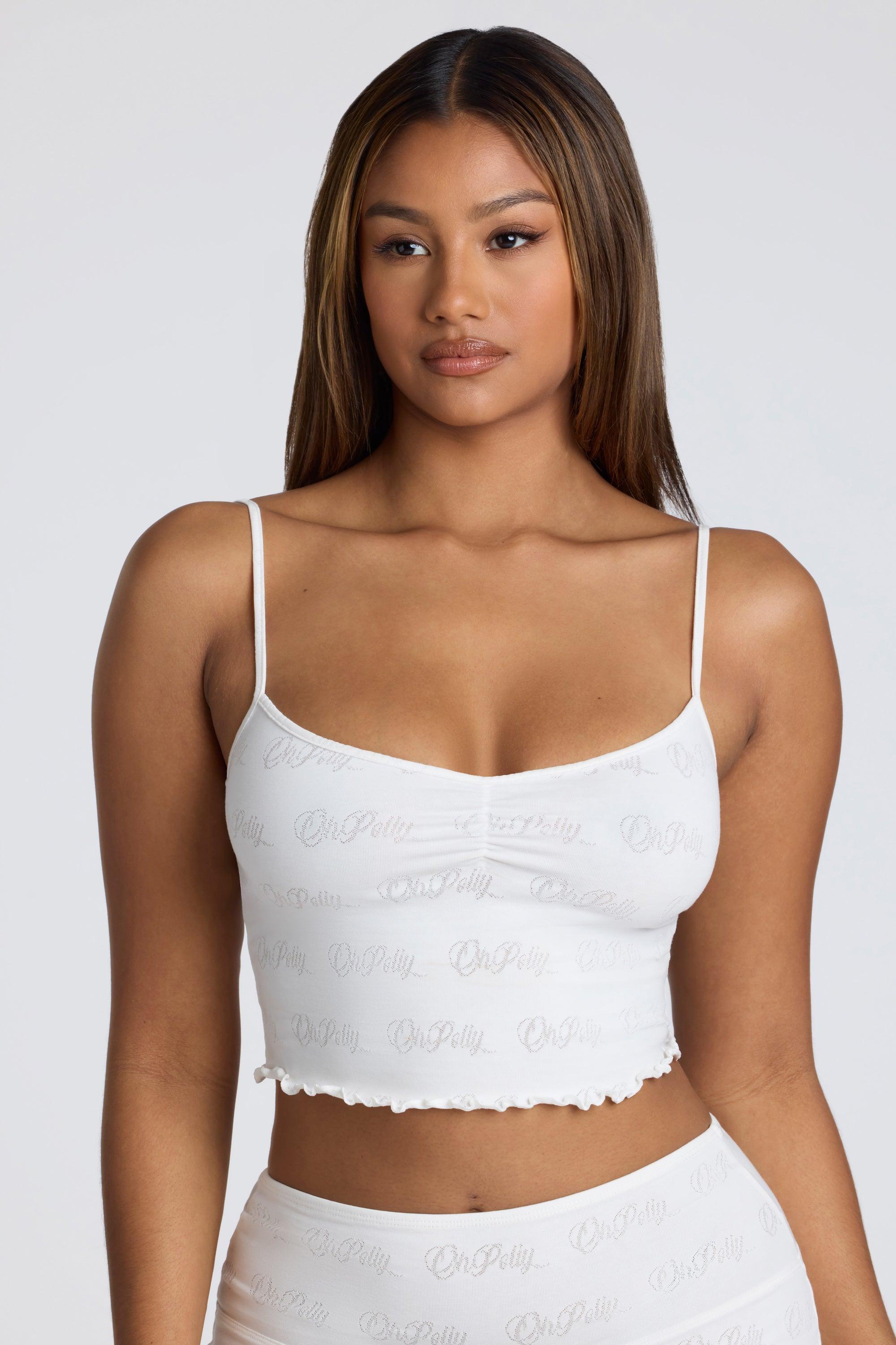 Strappy Ruched Pointelle Crop Top in White Product Image