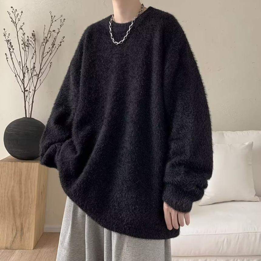 Crew Neck Plain Fluffy Sweater Product Image