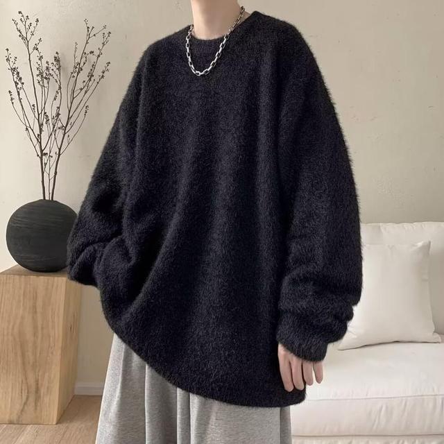 Crew Neck Plain Fluffy Sweater Product Image