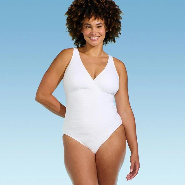 Lands End Womens Ribbed V-Neck One Piece Swimsuit - White XL Product Image