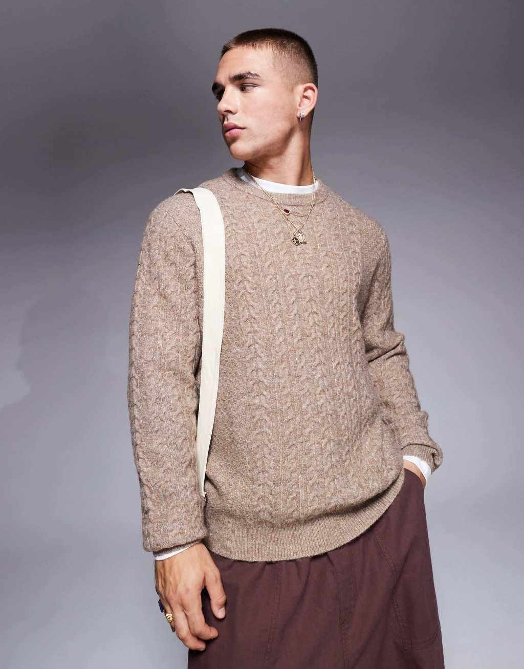 ASOS DESIGN relaxed slouchy crew neck cable knit sweater in stone Product Image