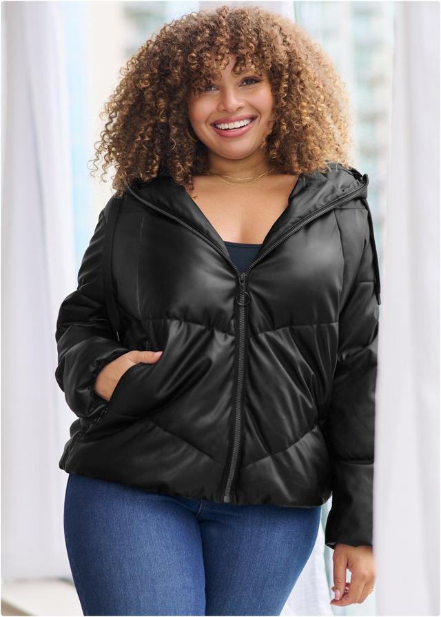 Faux Leather Puffer Jacket - Black Product Image