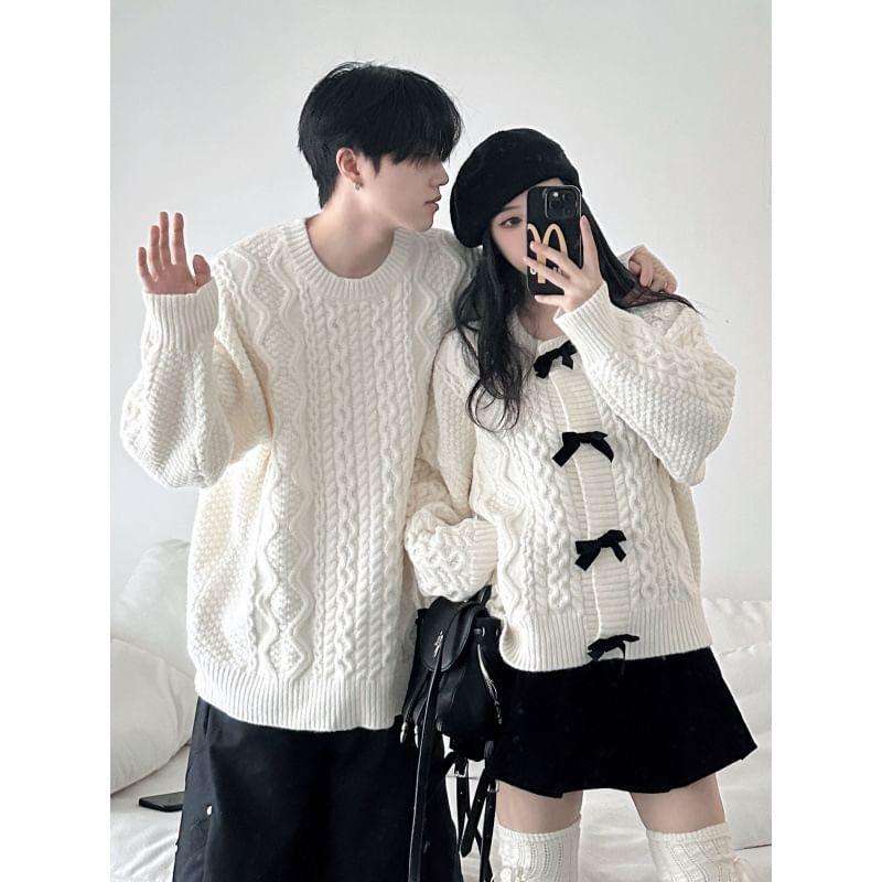 Couple Matching Round Neck Plain Cable Knit Sweater / Bow Cardigan Product Image