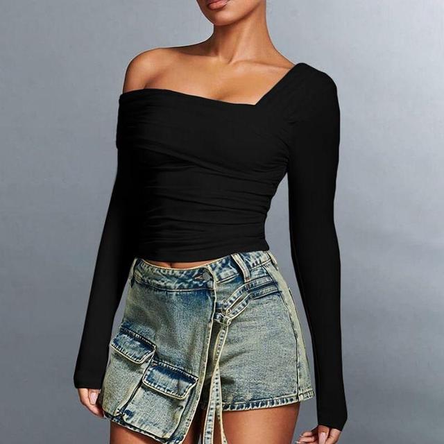 Long-Sleeve One-Shoulder Plain Cropped T-Shirt Product Image