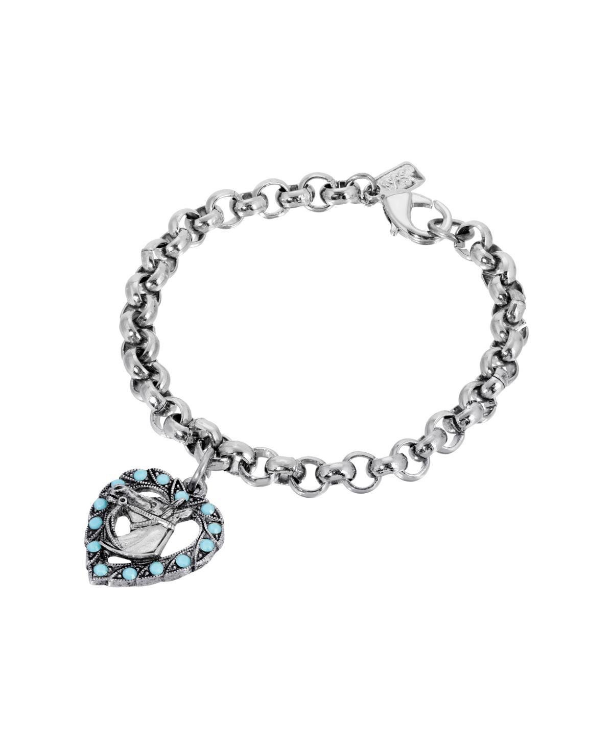 1928 Silver Tone Aqua Crystal Horse Head Heart Bracelet, Womens, Blue Product Image