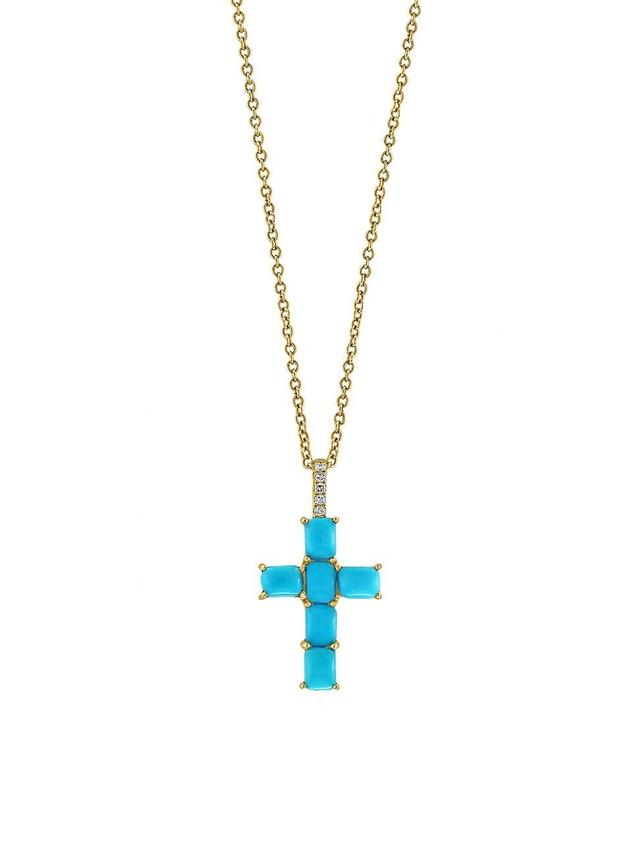 Womens 14K Yellow Gold, Diamond & Turquoise Pendant Necklace Product Image