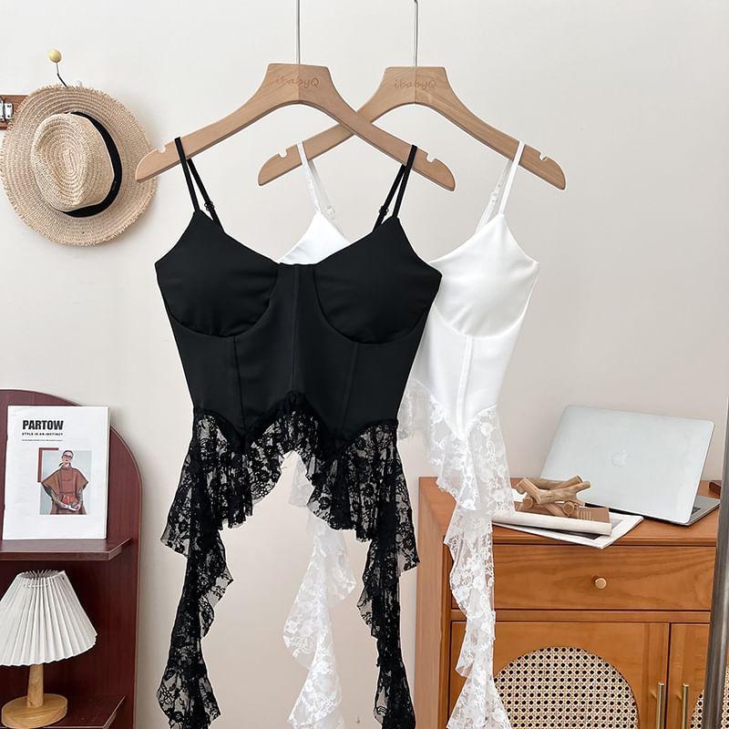 Spaghetti Strap Scoop Neck Plain Lace Ruffle Hem Bustier Top Product Image