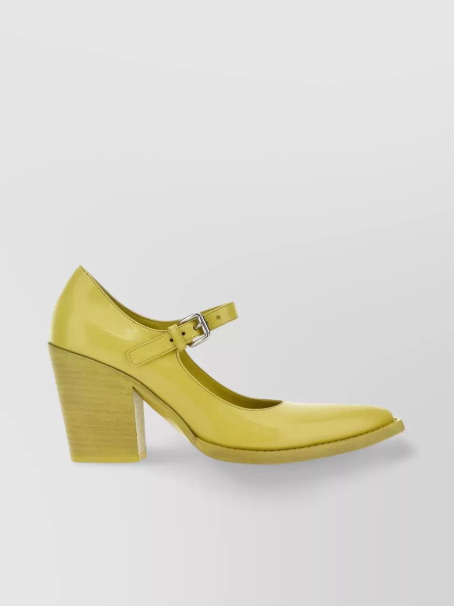 Leather Block Heel Mary Jane Pumps In Yellow Product Image