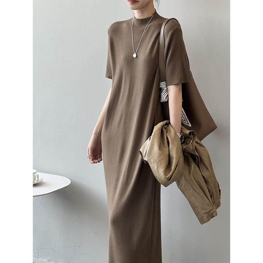 Short-Sleeve Mock Neck Plain Midi Knit Dress Product Image