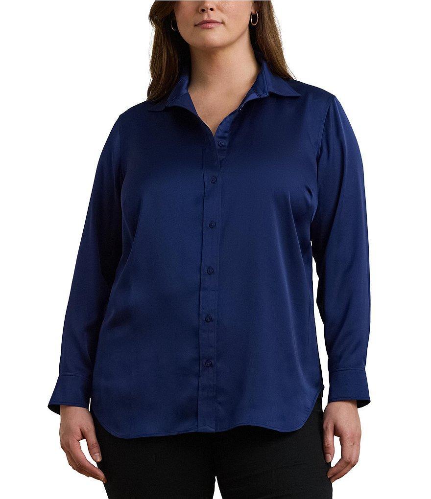 Lauren Ralph Lauren Plus Size Glossy Satin Charmeuse Point Collar Long Sleeve Button Front Shirt Product Image