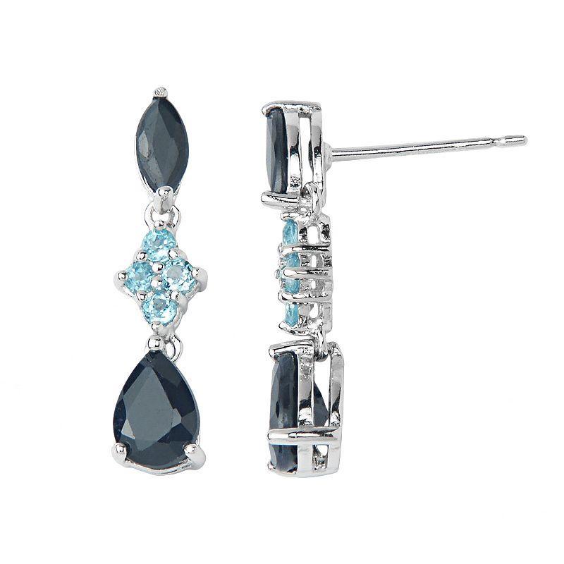 Sterling Silver Sapphire and Swiss Blue Topaz Linear Drop Earrings, Womens Product Image