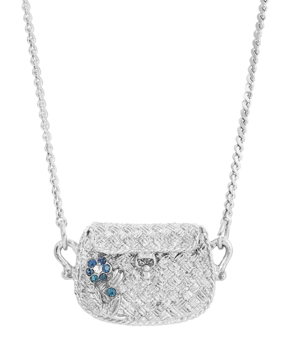 1928 Silver Tone Blue Flower Purse Necklace, Womens Product Image