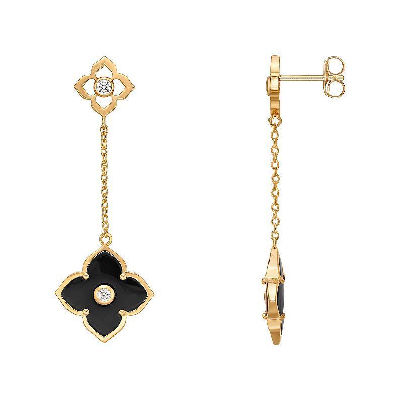 Gemminded Gold Over Sterling Silver Black Onyx & Cubic Zirconia Flower Linear Drop Earrings, Womens Product Image