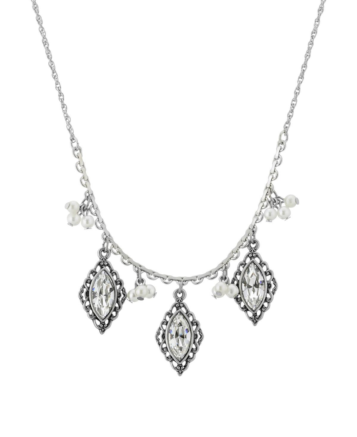 1928 Silver Tone Simulated Crystal & Simulated Pearl Filigree Necklace, Womens, White Product Image