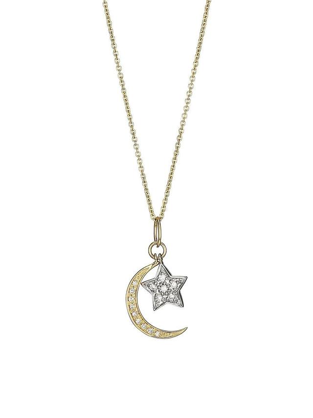 Womens 14K Gold Diamond Moon & Star Pendant Necklace Product Image