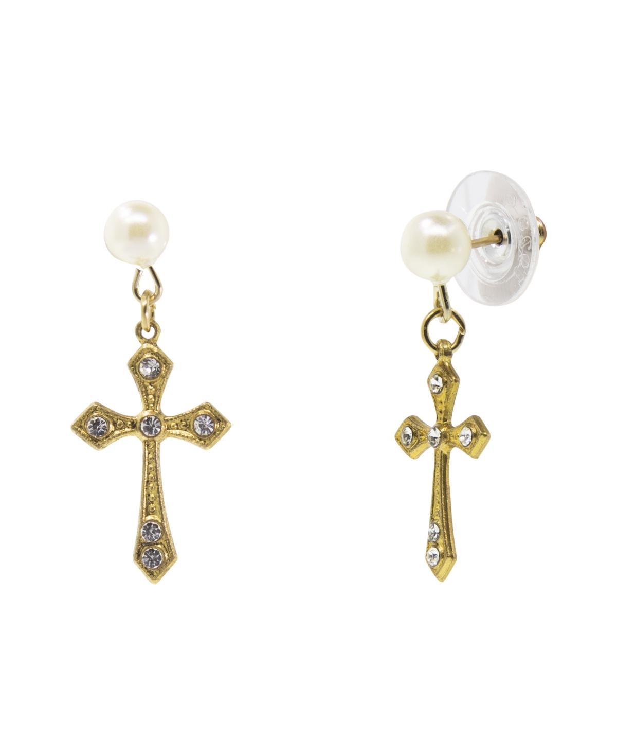 Symbols Of Faith Gold Tone Crystal Cross With Pearl Stud Drop Earrings Product Image