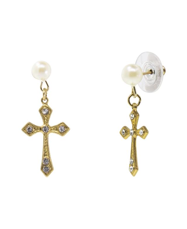 Symbols of Faith Gold-Tone Crystal Cross With Pearl Stud Drop Earrings, Womens, Gold Tone Product Image