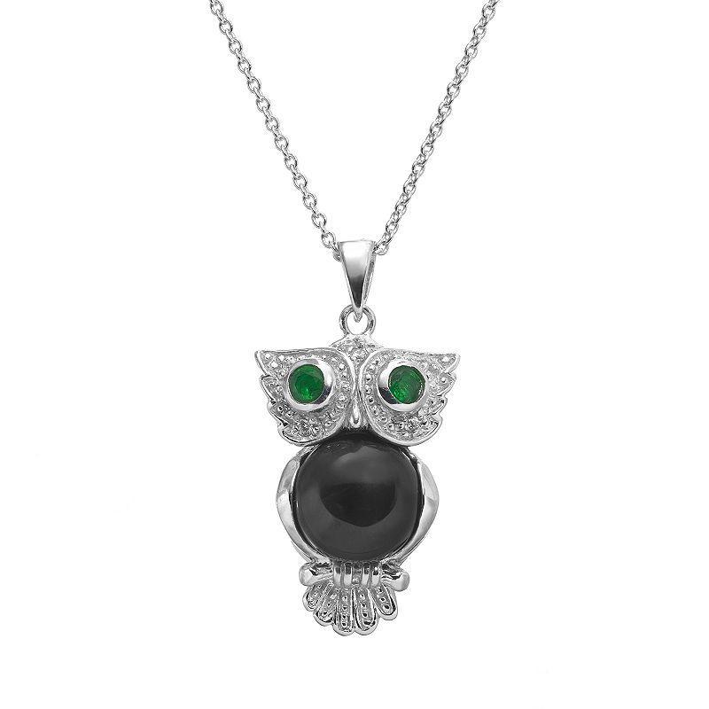 Sophie Miller Onyx, Simulated Emerald & Cubic Zirconia Sterling Silver Owl Pendant Necklace, Womens Multicolor Product Image