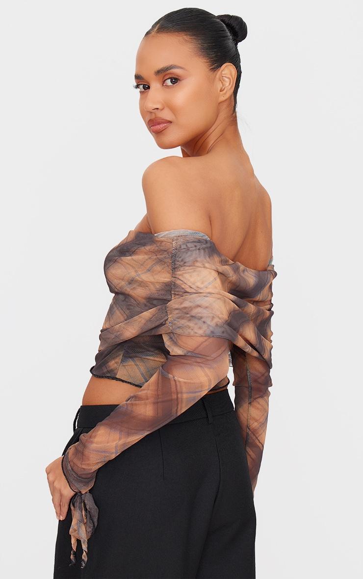 Brown Check Mesh Ultra Long Drape Sleeve Crop Top Product Image