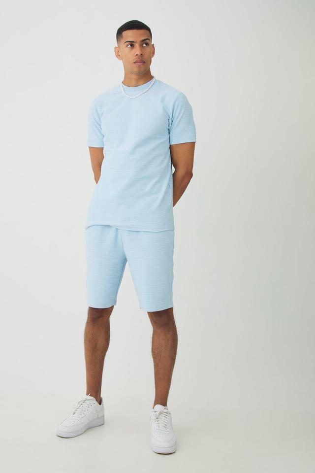 Slim Jacquard Stripe T-shirt & Short Set | boohooMAN USA Product Image