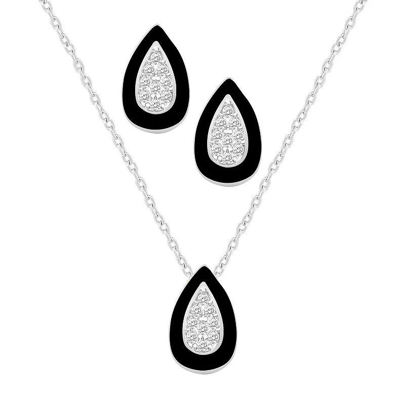 Royal Aura Black Enamel Cushion Pendant & Stud Earring Set, Womens Silver Tone Black Product Image