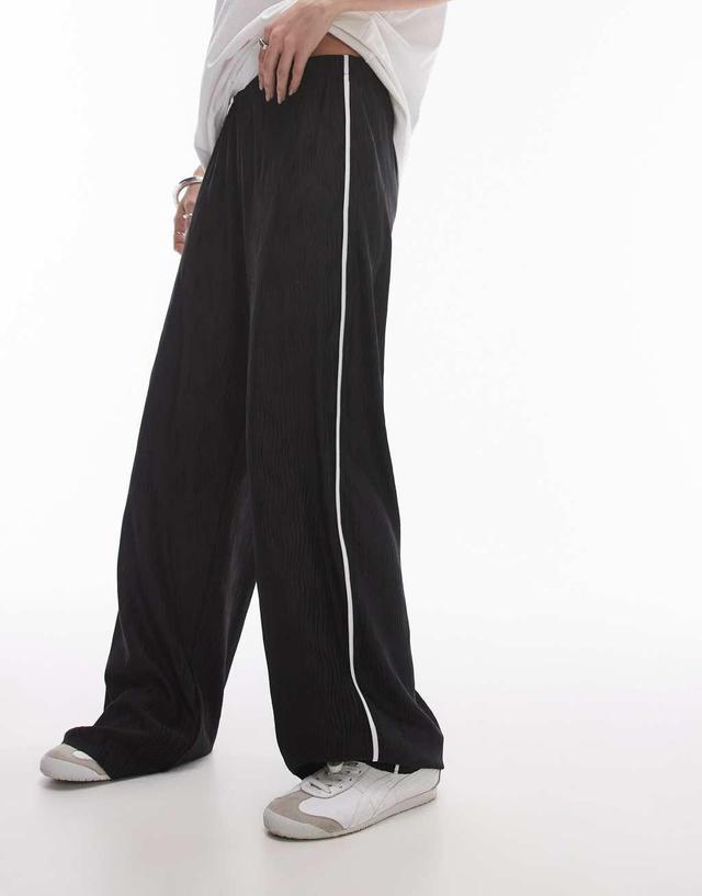 Topshop crinkle plisse side stripe pants in black and white Product Image