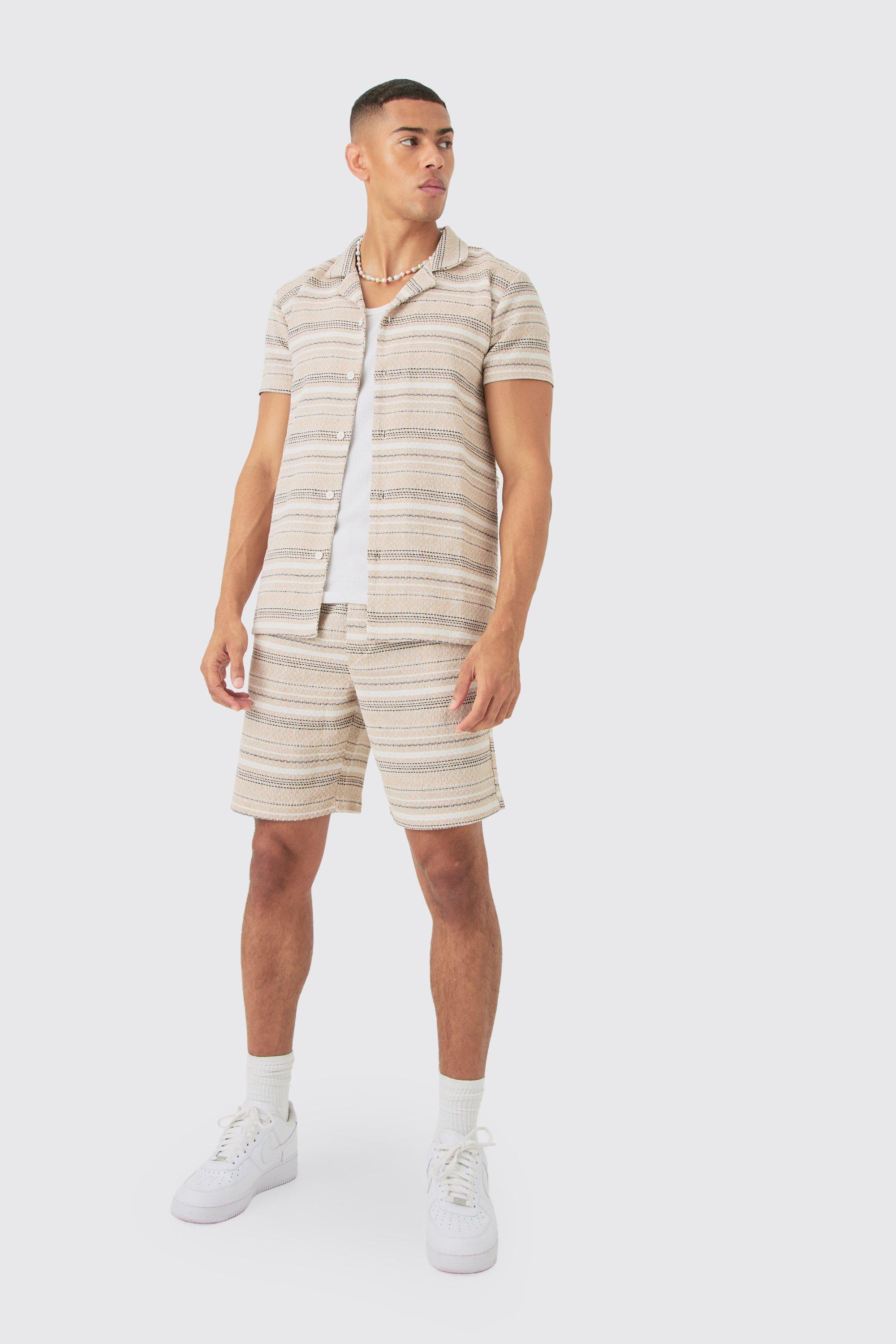 Short Sleeve Textured Stripe Shirt & Short Set | boohooMAN USA Product Image