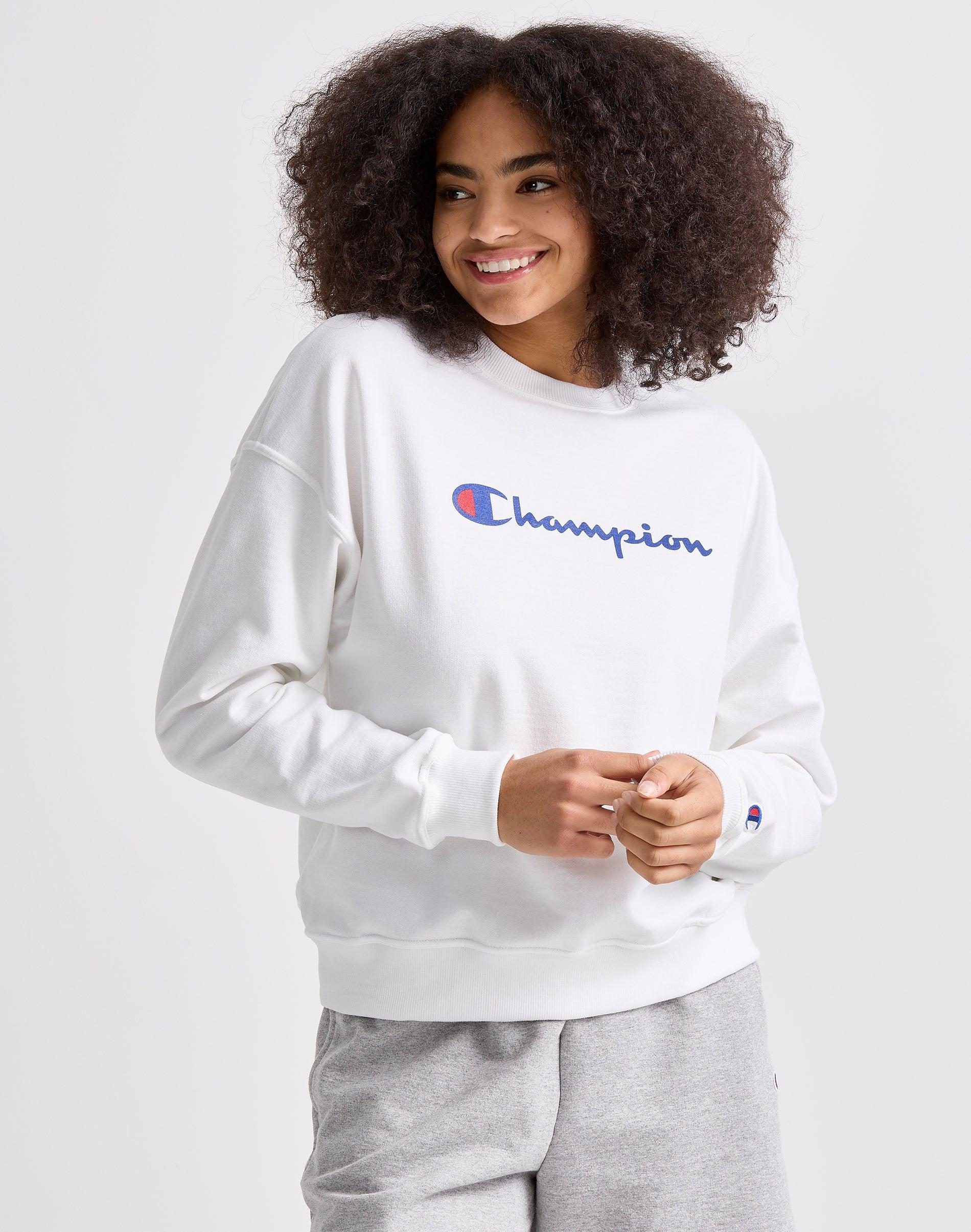 Womens Champion Powerblend Crewneck Sweatshirt, Script Logo Fresh Tan XS Product Image