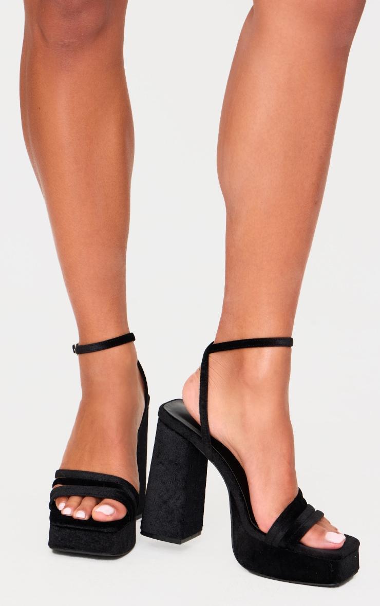 Black Velvet Square Toe Strappy Block Platform Heels Product Image