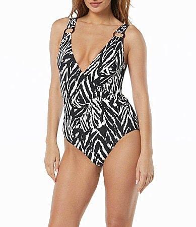 Carmen Marc Valvo Womens Printed O-Ring One-Piece Swimsuit Product Image