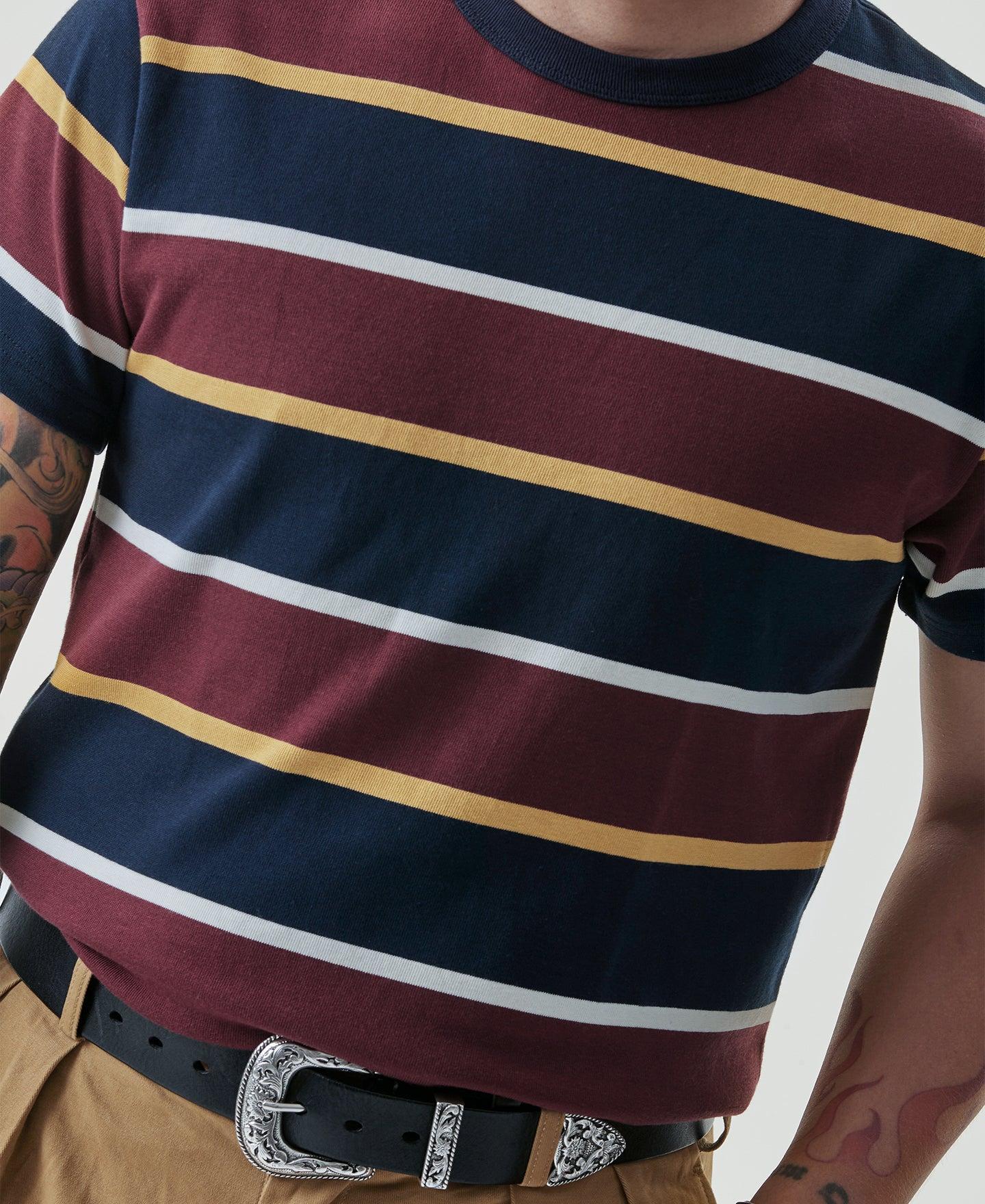 9.8 oz IVY Style Striped T-Shirt - Burgundy Red/Navy Product Image